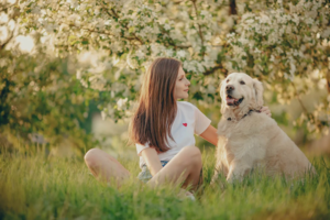 Jeune fille assise dans l'herbe avec un golden retriever sous un arbre en fleurs au printemps