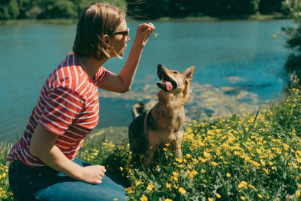 Femme jouant avec un berger allemand au bord d'un lac dans un champ de fleurs jaunes
