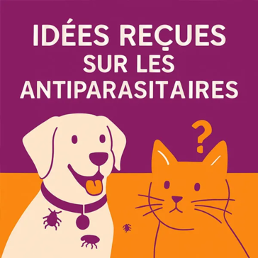 Illustration Idées reçues sur les antiparasitaires, avec un chien portant des parasites et un chat avec un point d'interrogation