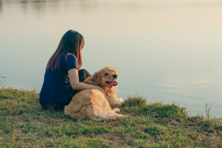 Femme assise au bord d'un lac avec un golden retriever couché à ses côtés au coucher du soleil